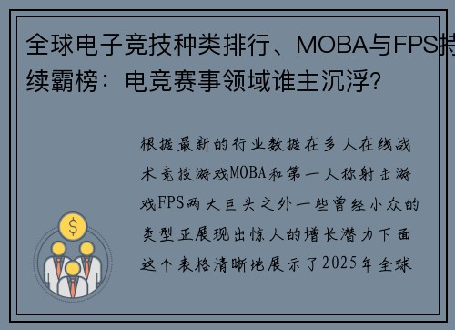 全球电子竞技种类排行、MOBA与FPS持续霸榜：电竞赛事领域谁主沉浮？
